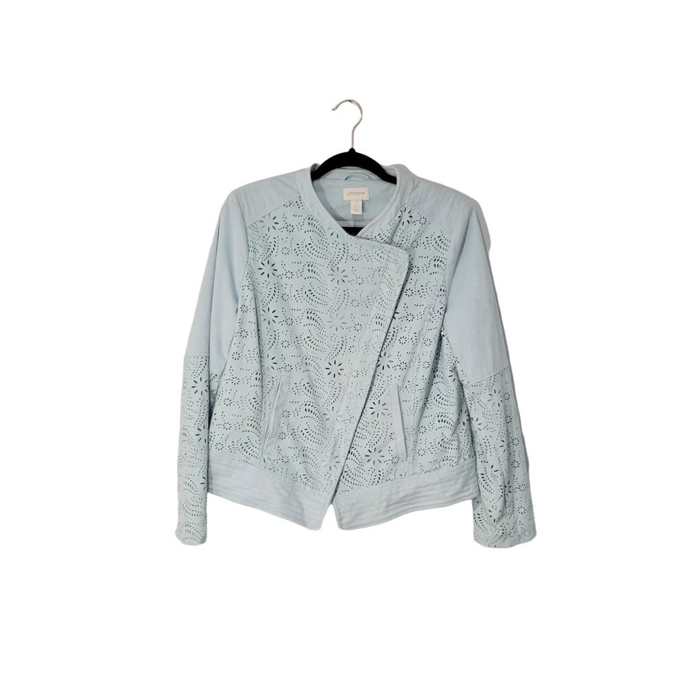 Chico's Women's  Biker Jacket Color Light Blue Laser cut details Sz 1